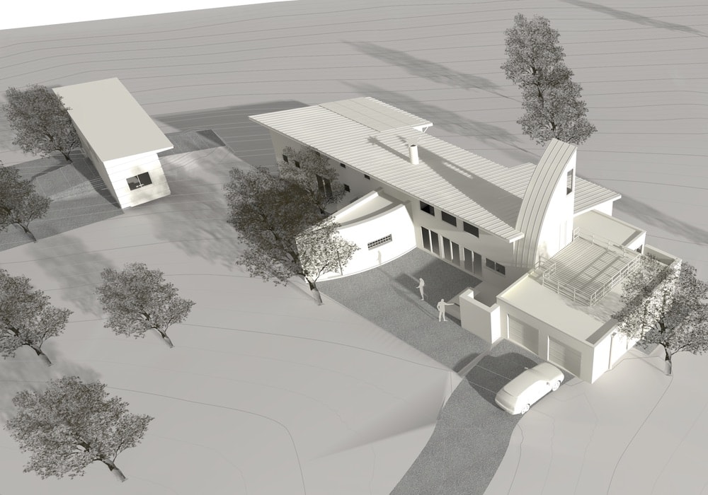 A white “museum board” rendering of the Boussoleil project, emphasizing the solar-optimized roof and curved thermal chimney. A small detached studio and guest cottage is oriented facing true south, top left. This rendering (as well as the others in this case study) were produced in Vectorworks Architect software, a BIM-authoring application.