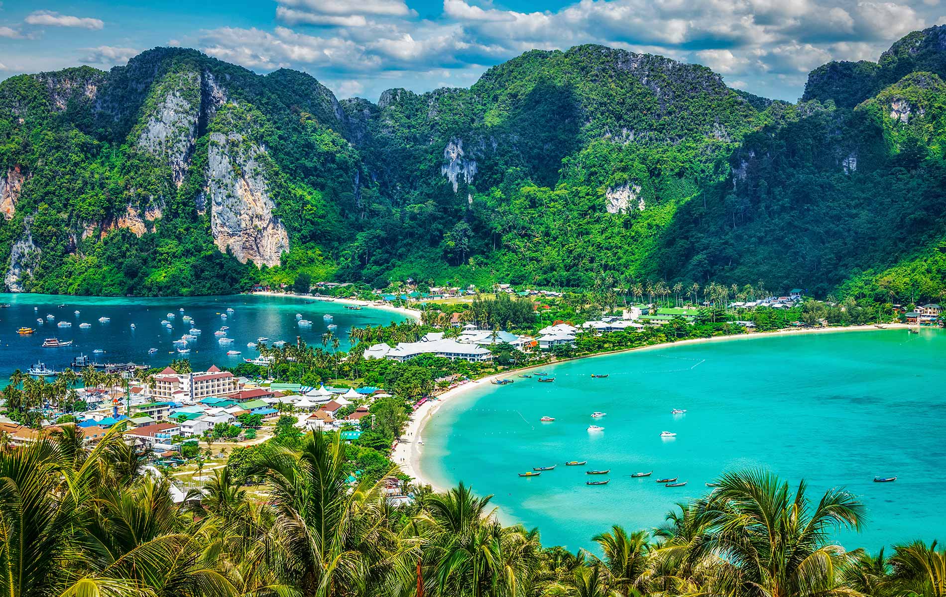 Bird's eye view of the tropical Phi Phi Islands in Thailand’s favorite Krabi Province