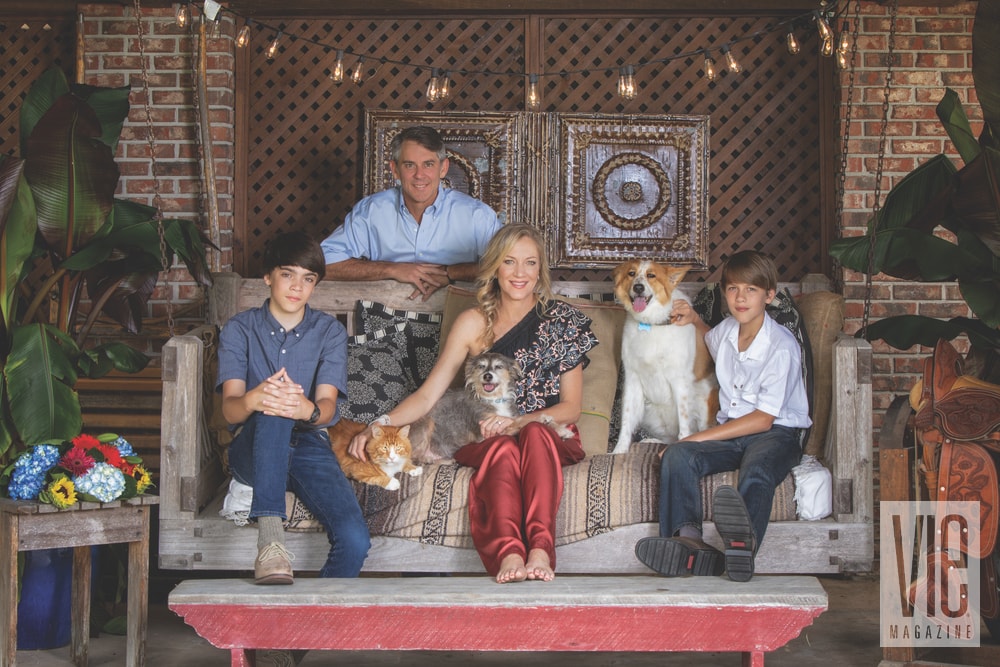 Laurie and Taylor Hood with their two sons, Crockett and Garner, along with their dogs, Kylie and Moonpie, and cat, Red