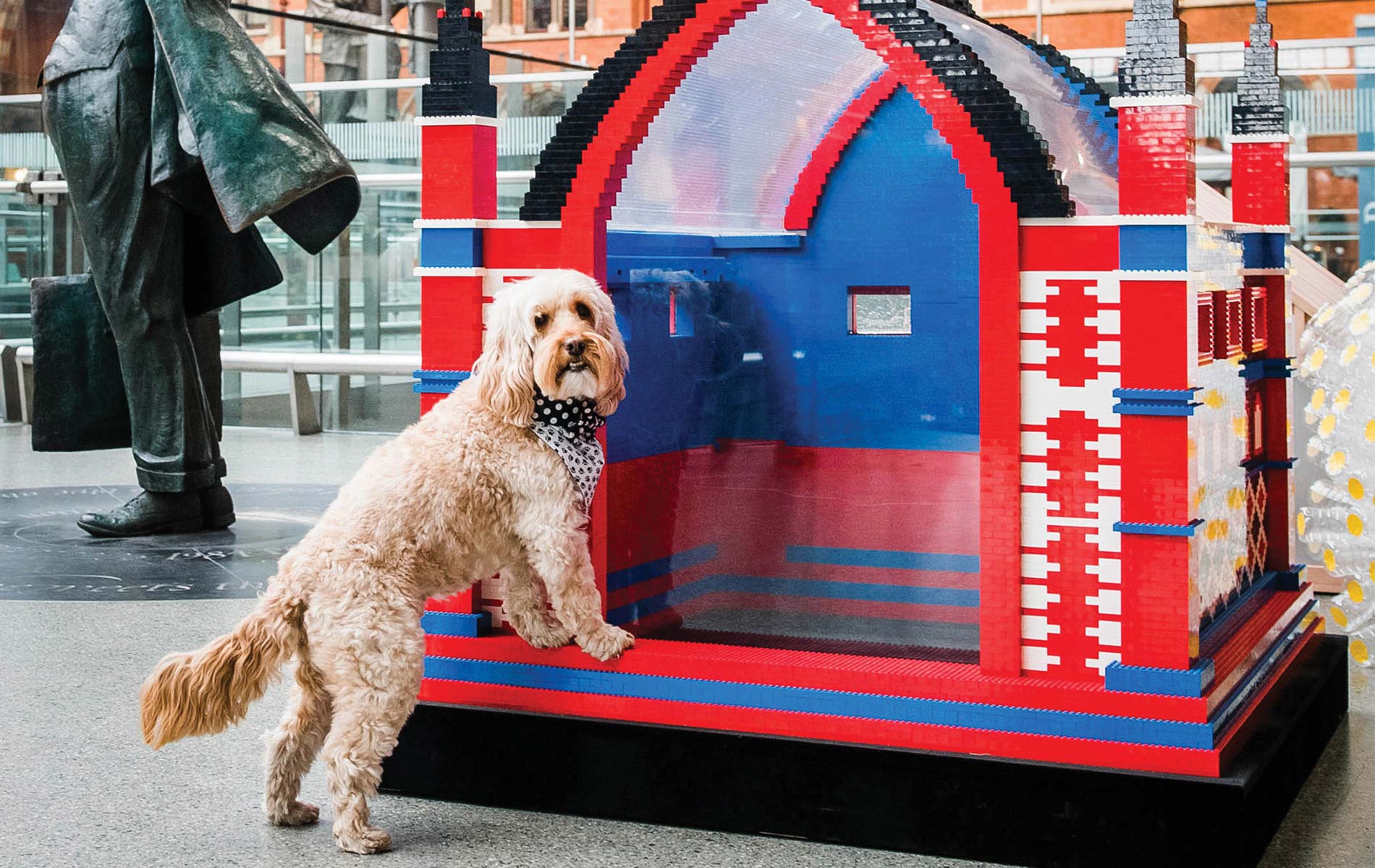 This creative example of barkitecture was made from Legos for the 2018 BowWow Haus and displayed at Saint Pancras International Railway Station, London.