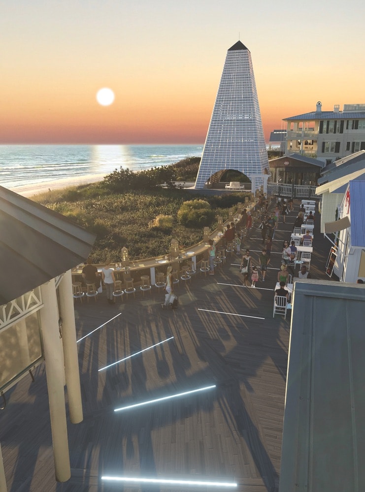 Digital renderings of the new boardwalk between the Coleman Pavilion obelisk and Bud & Alleys, which is currently under construction with carpentry by Jim Foley. Rendering courtesy of Thadani Architects + Urbanists
