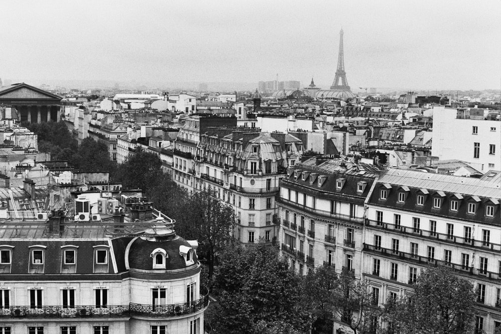 Black and white photograph by Jamie Beck showing the Paris France skyline.