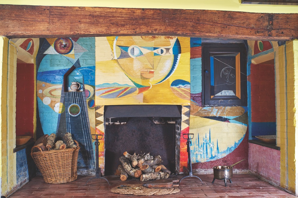 Fireplace, (mural by Roland Penrose, 1950), Farley House, East Sussex, England