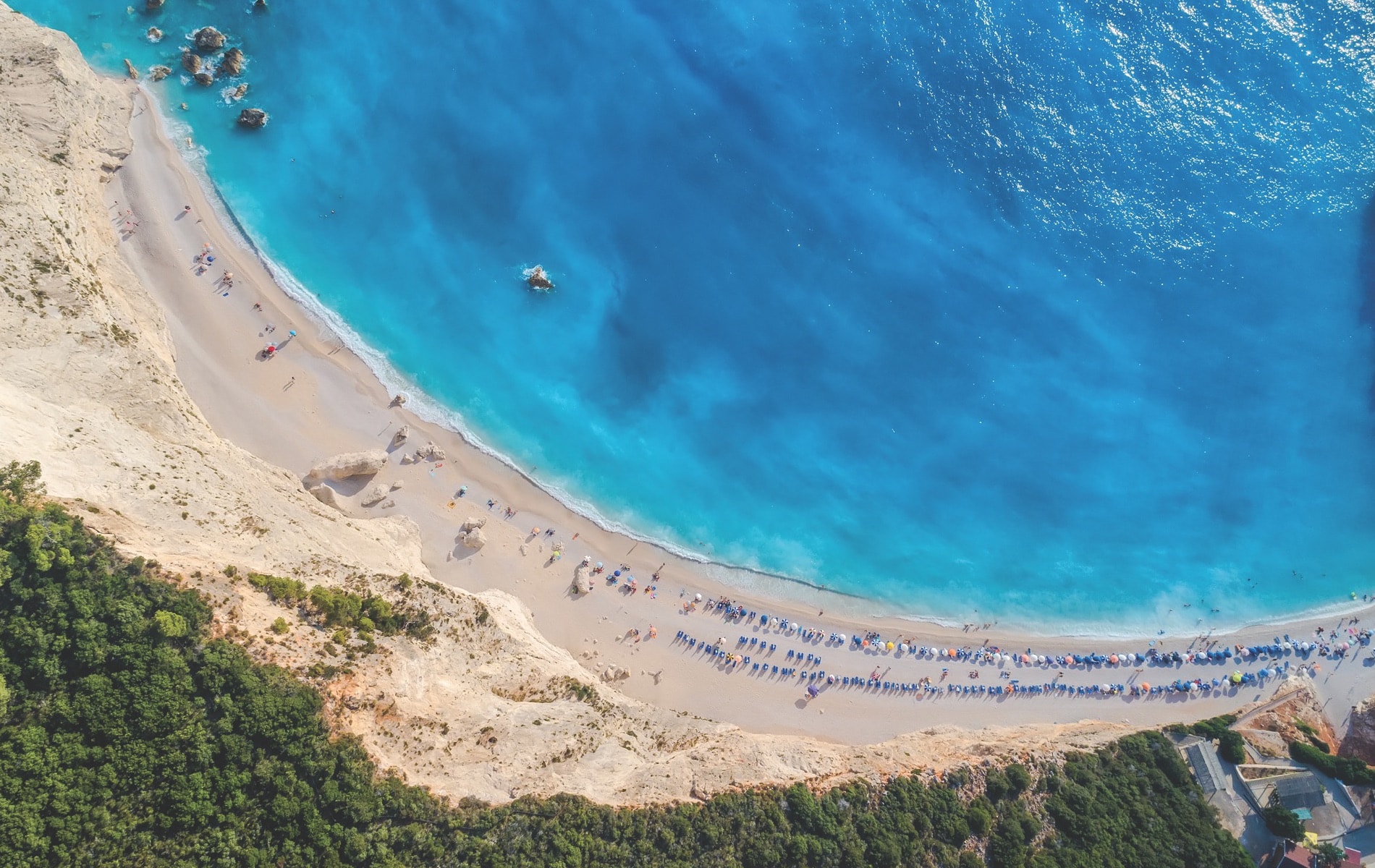 An aerial view of the famous beach of Porto Katsiki on the Greek island of Lefkada in the Ionian Sea