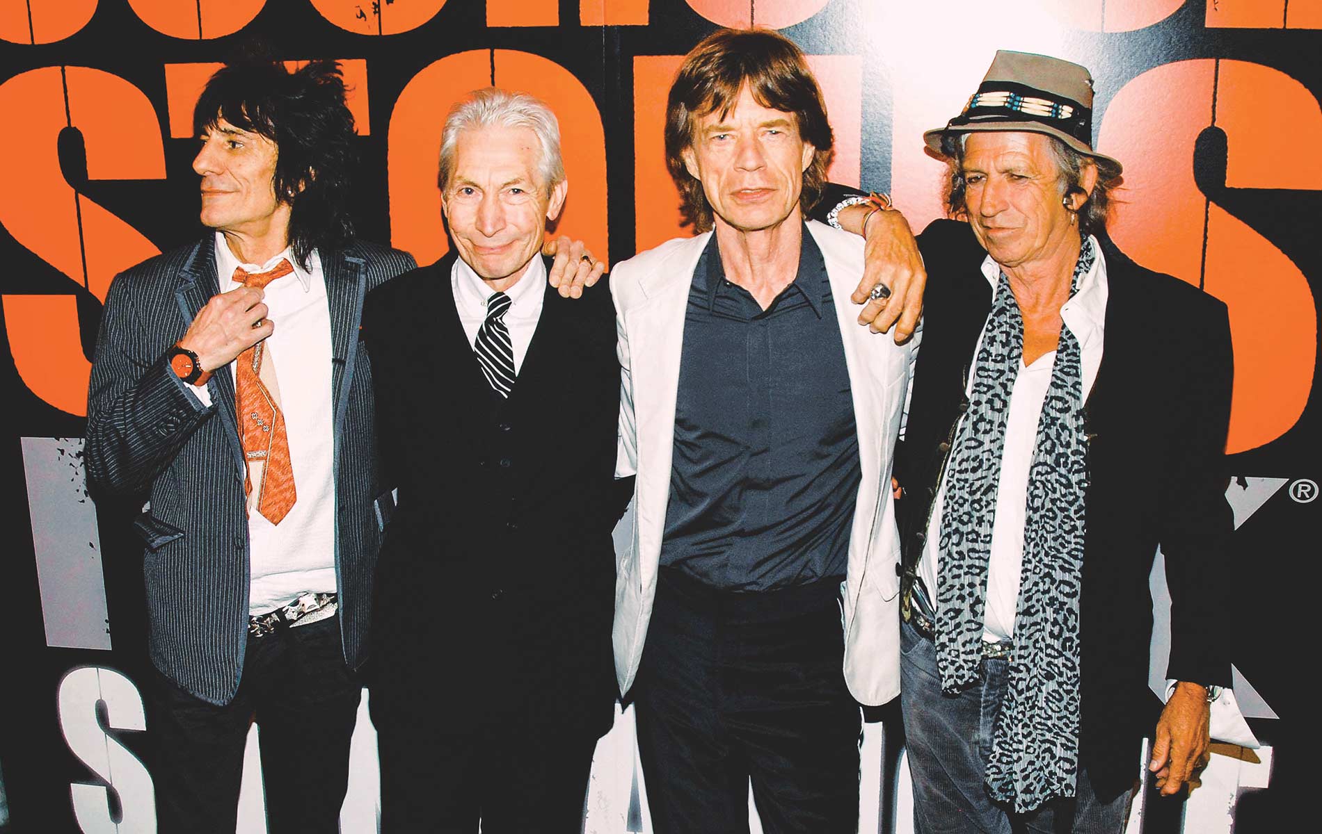 The Rolling Stones’ Ronnie Wood, Charlie Watts, Mick Jagger, and Keith Richards at Clearview's Ziegfeld Theater in New York in March of 2008