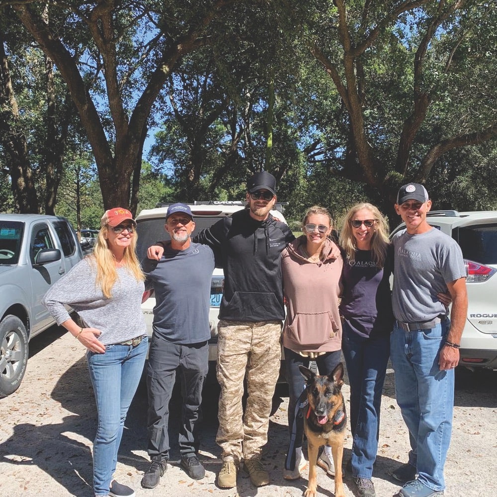 Angela Ragsdale of The 30A Company, Jeff Archer of YOLO Board, Brian and Brittney Kelley of Florida Georgia Line and Tribe Kelley, and Laurie and Taylor Hood of Alaqua Animal Refuge gathered at Alaqua to help displaced pets after the storm.