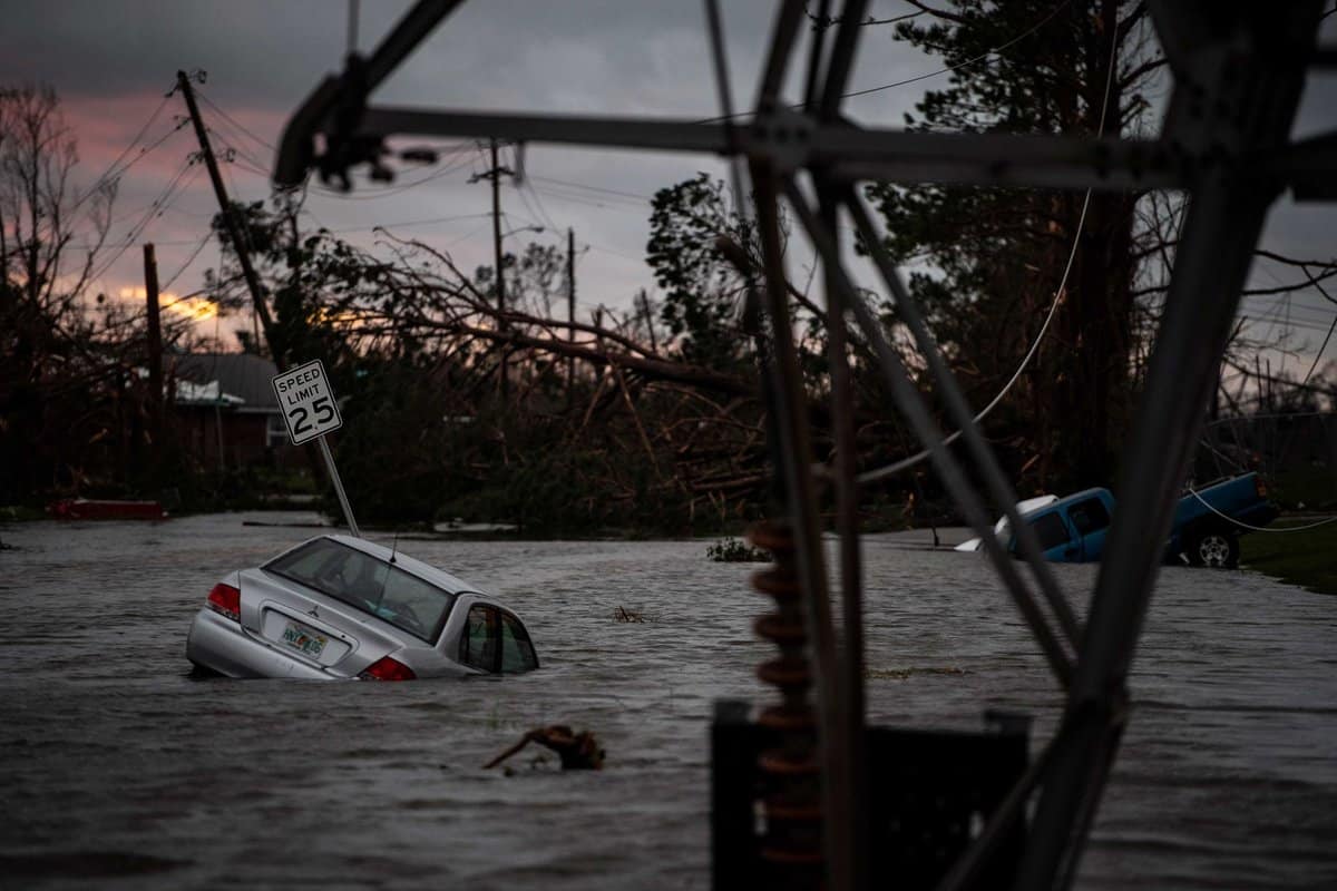 A car is seen caught in flood water after category 4 Hurricane Michael made land fall along the Florida panhandle, on Oct. 10, 2018 in Panama City, FL.