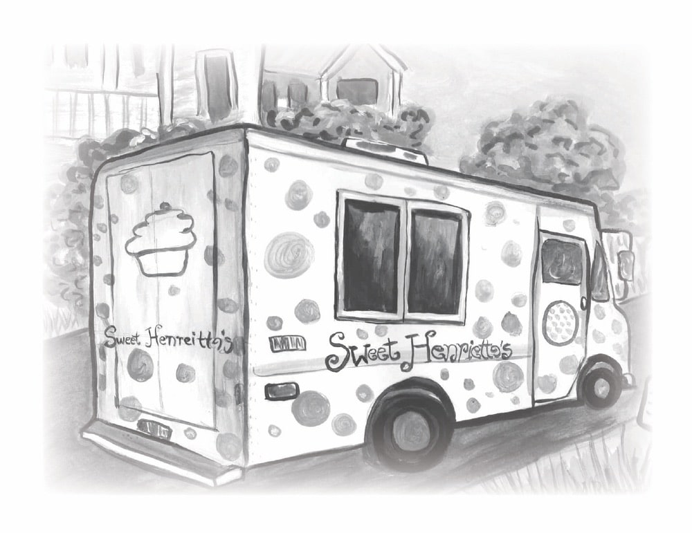 Black and white illustration by Amanda Rhodes of the Sweet Henrietta's truck