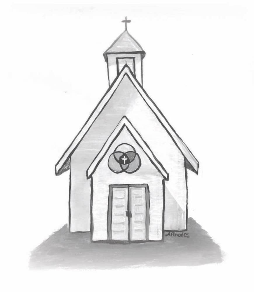 Black and white illustration by Amanda Rhodes of a white church