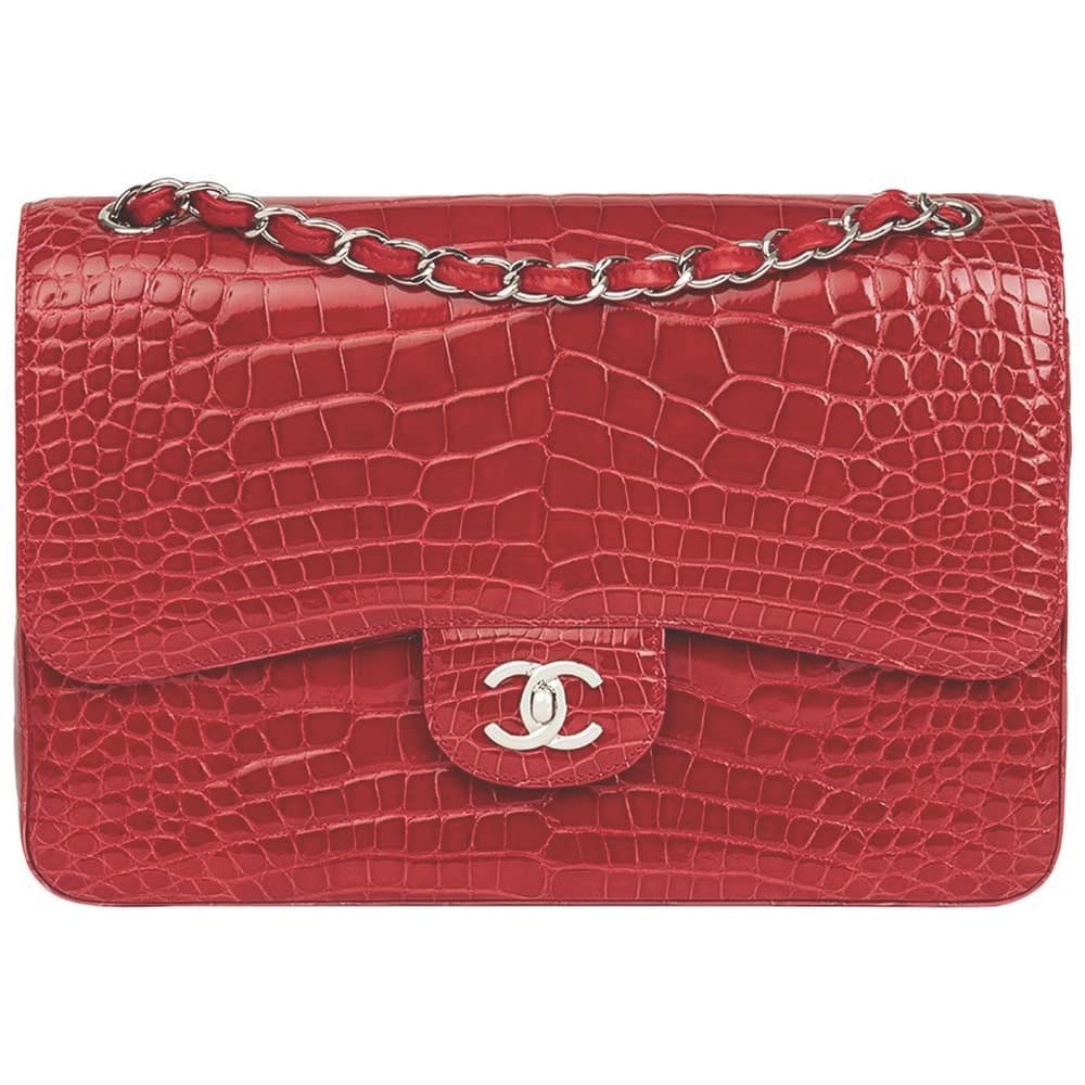 2013 Chanel Red Shiny Mississippiensis Alligator Jumbo Classic Double Flap Bag