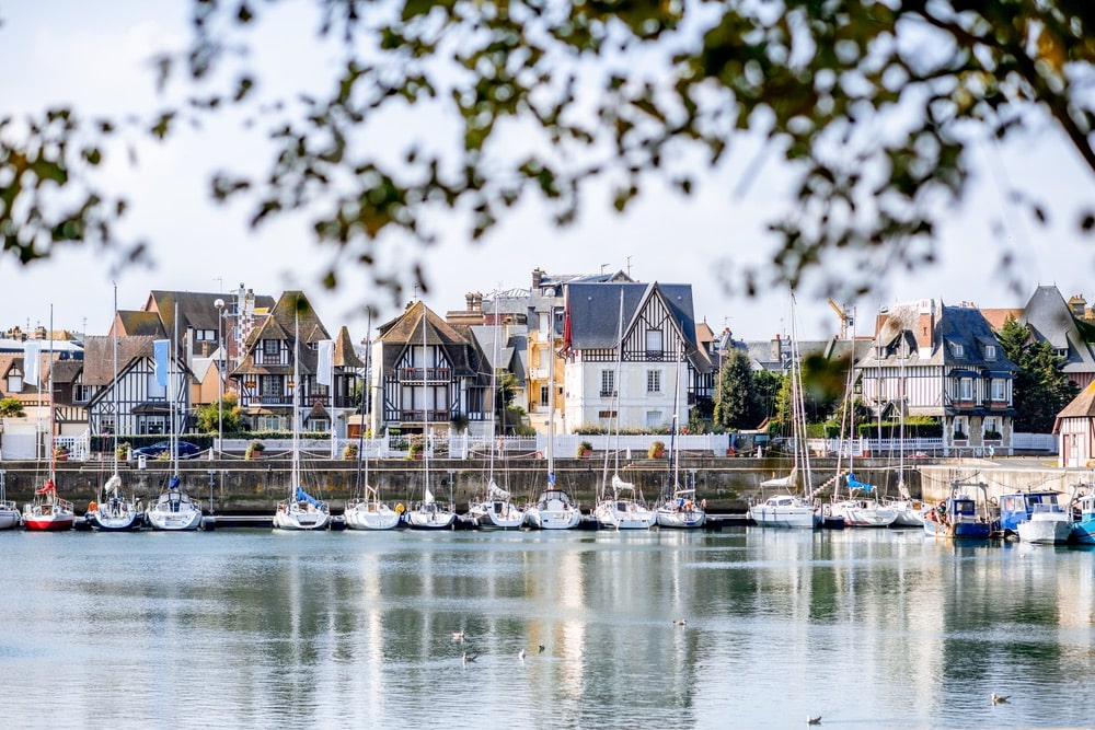 Landscape view of beautiful marine with yachts and buildings in Deauville town in France