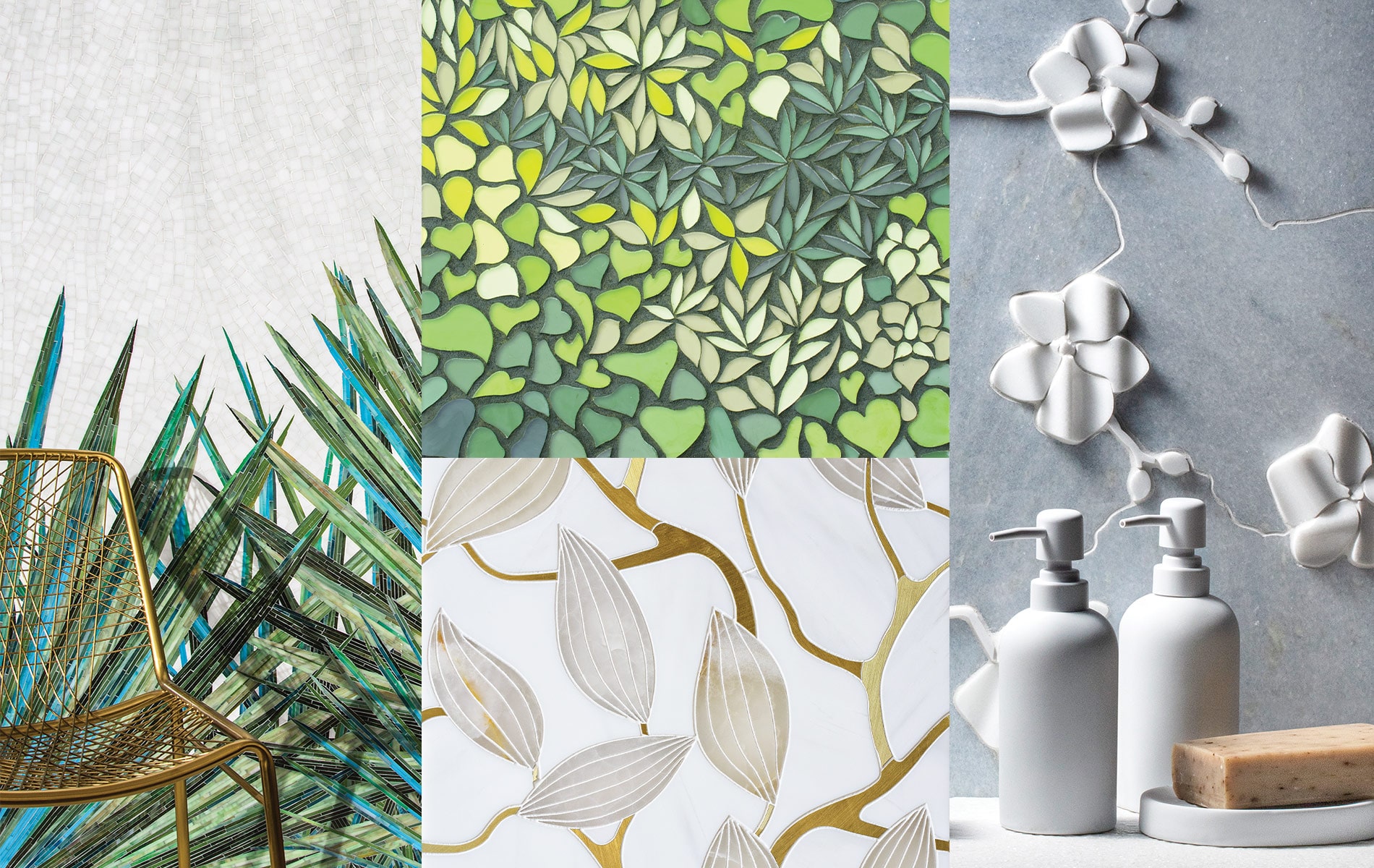 A combination of four images showcasing 4 different tiles offered at Q-Tile. The tiles all reflect nature with green hues or flower designs.