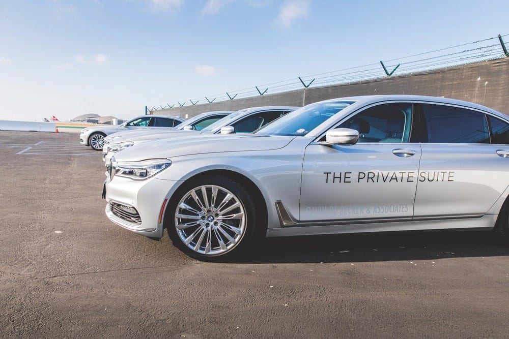 When it’s time for a flight, the Private Suite’s fleet of BMW 7 Series sedans is ready to deliver guests to the runway in style at the Los Angeles Airport (LAX).