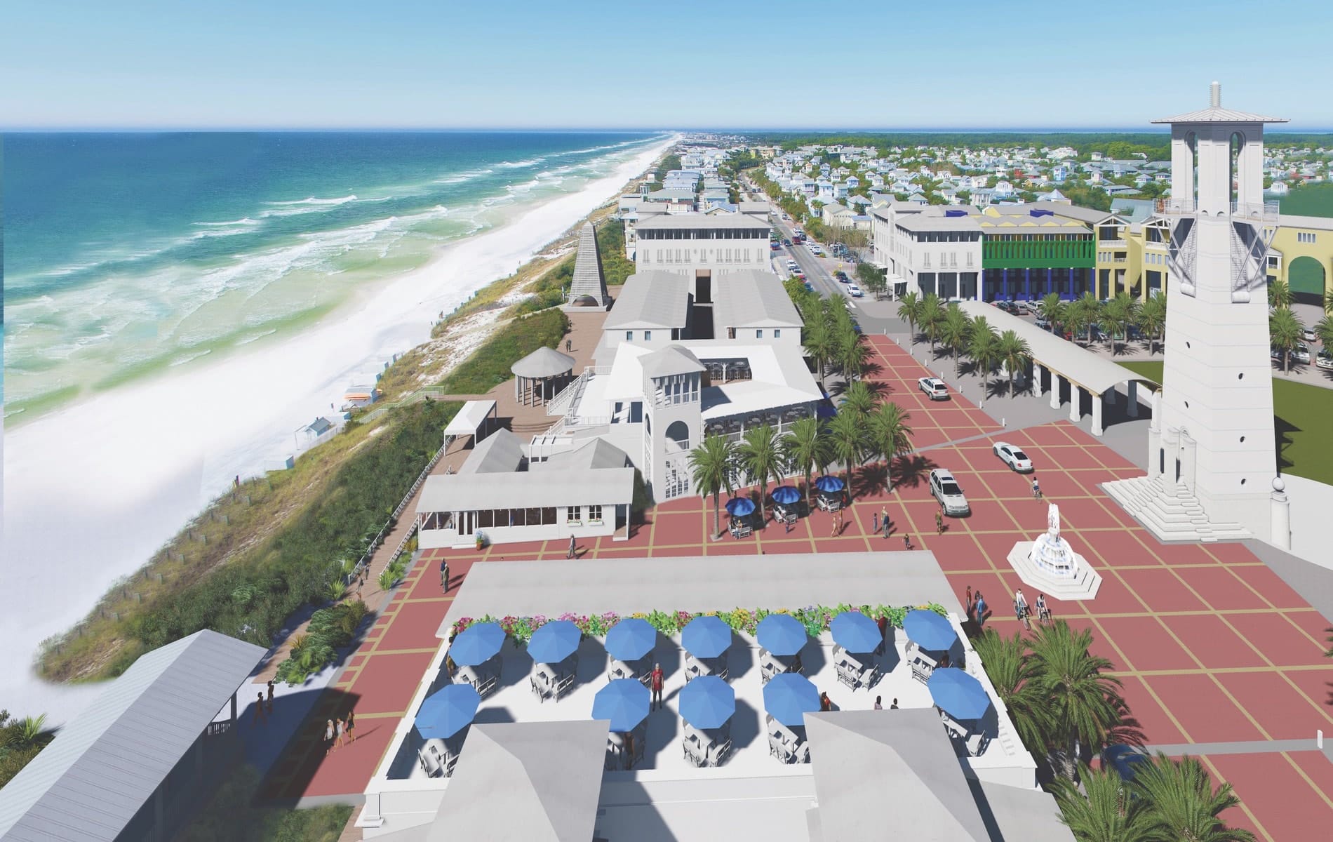 Rendering by Dhiru A. Thadani of Seaside’s proposed new plaza, including planned additions to Bud & Alley’s restaurants, the Krier Tower, and more
