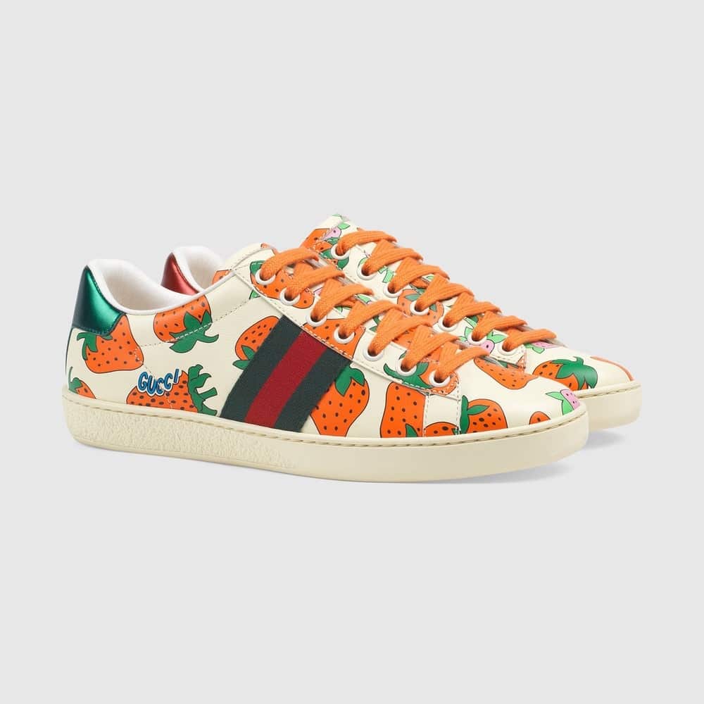 Gucci Ace Leather Sneaker with Gucci Strawberry Print