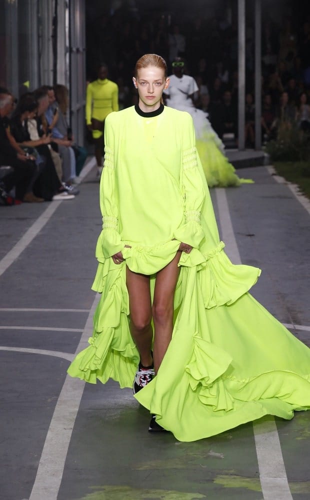 A model walks the runway during the Off-White show as part of Paris Fashion Week Womenswear Spring/Summer 2019 on September 27, 2018 in Paris, France