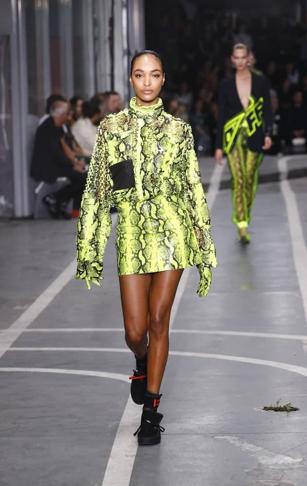 A model walks the runway during the Off-White show as part of Paris Fashion Week Womenswear Spring/Summer 2019 on September 27, 2018 in Paris, France