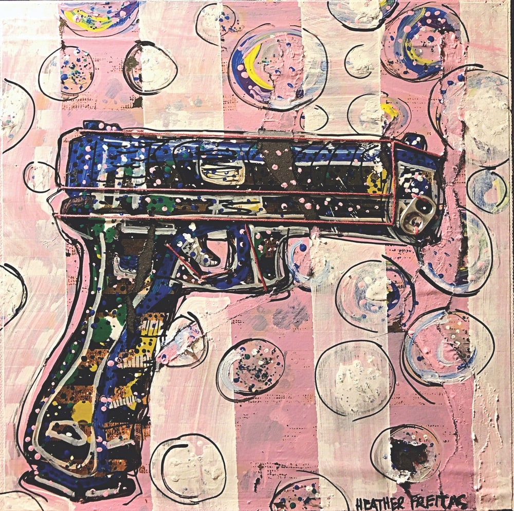 Heather Freitas Art, Bubbles Not Bullets, Mixed media on deep-edge gallery wrap canvas, 10 × 10 in.