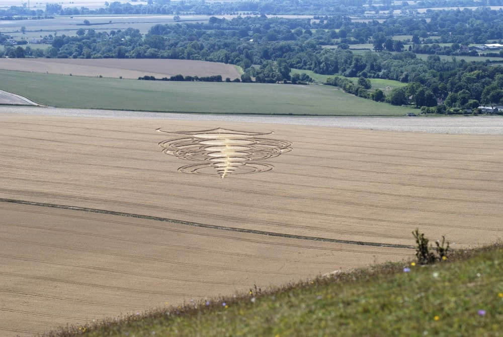 An intricate crop circle formation seen in a corn field near Avebury, Wiltshire, England. | Photo by Nick Hawkes