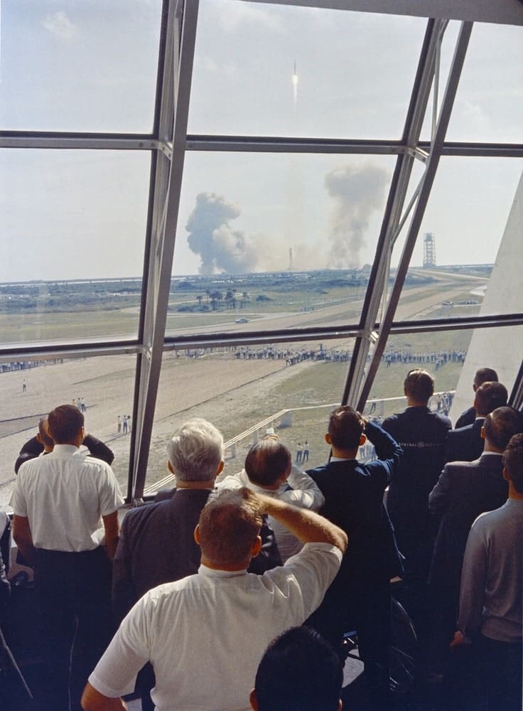 Personnel within the Launch Control Center watch the Apollo 11 liftoff from Launch Complex 39A today at the start of the historic lunar landing mission. The LCC is located three-and-one-half miles from the launch pad. nasa, apollo 11 50th anniversary