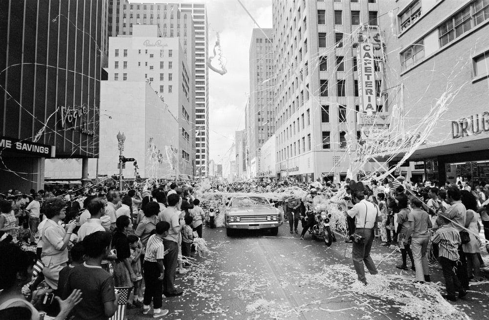 Apollo 11 parade downtown Houston, TX, 08/16/1969. Astronauts Edwin Aldrin, Michael Collins and Neil Armstrong are in the cars with general public welcoming them home. nasa, apollo 11 50th anniversary
