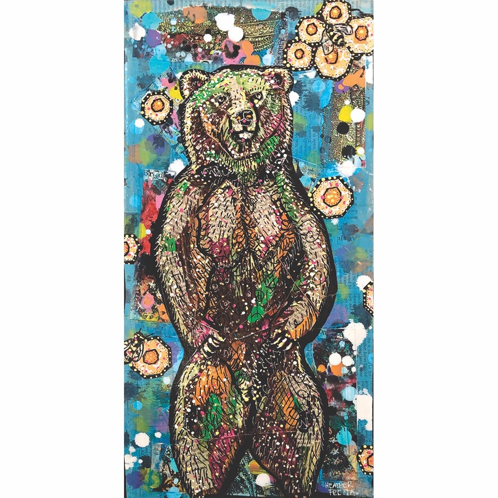 heather freitas, The Bear’s Bees Mixed media (newspaper, old photo prints, ink, acrylic paint, and hand embroidery) on gallery wrapped canvas, 10 × 20 in.