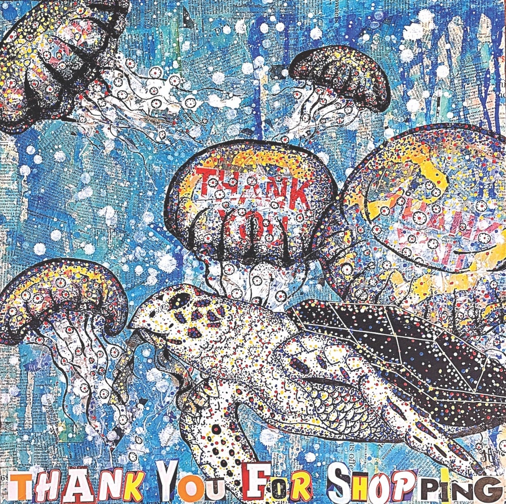 heather freitas, Thank You for Shopping Mixed media (newspaper, paper bags, plastic bags, ink, acrylic paint, and hand embroidery) on gallery wrapped canvas, 24 × 24 in.