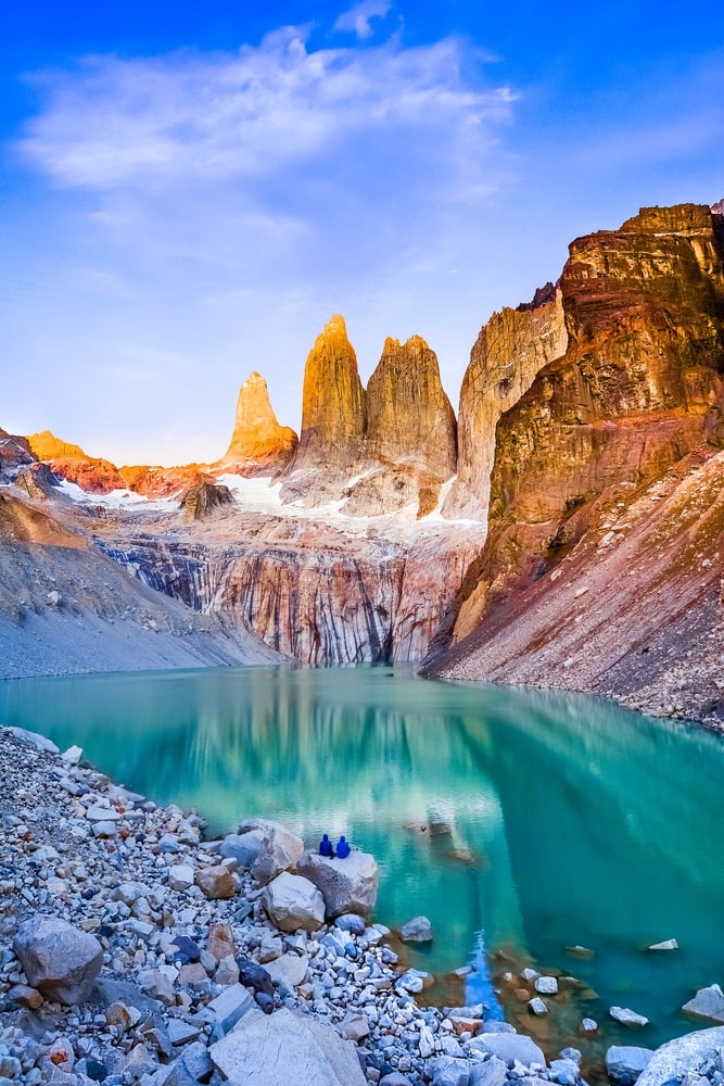 Laguna torres with the towers at sunrise, Torres del Paine National Park, Patagonia, Chile