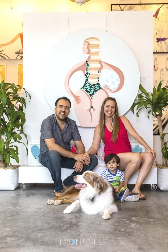 Francisco Adaro and Brooke Gontarek with their son, Oliviero, and shop dog, Salvador Doggie | Photo by Kurt Lischka, Moon Creek Studios, Adaro Art
