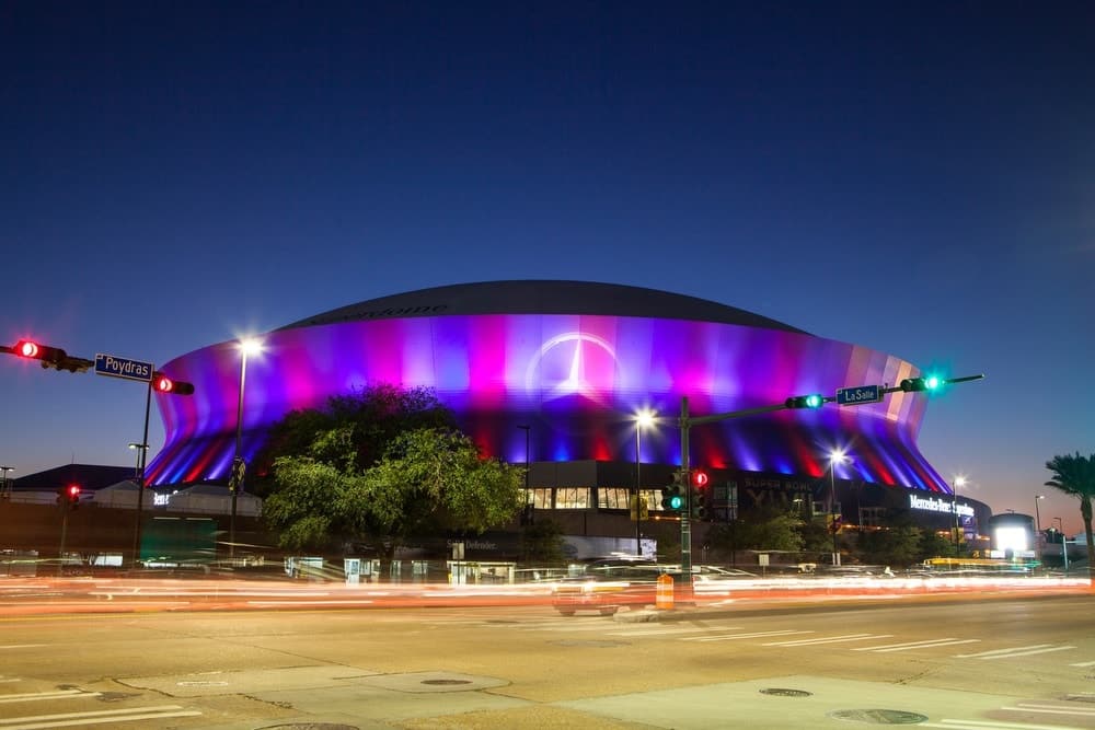 New Orleans Superdome lit up at night just days before the 2013 Superbowl