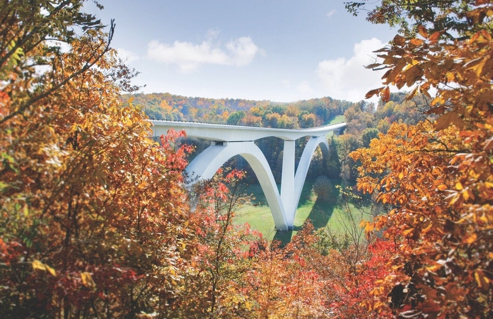 The concrete double-arch Natchez Trace Parkway Bridge near Franklin and Leiper’s Fork, Tennessee