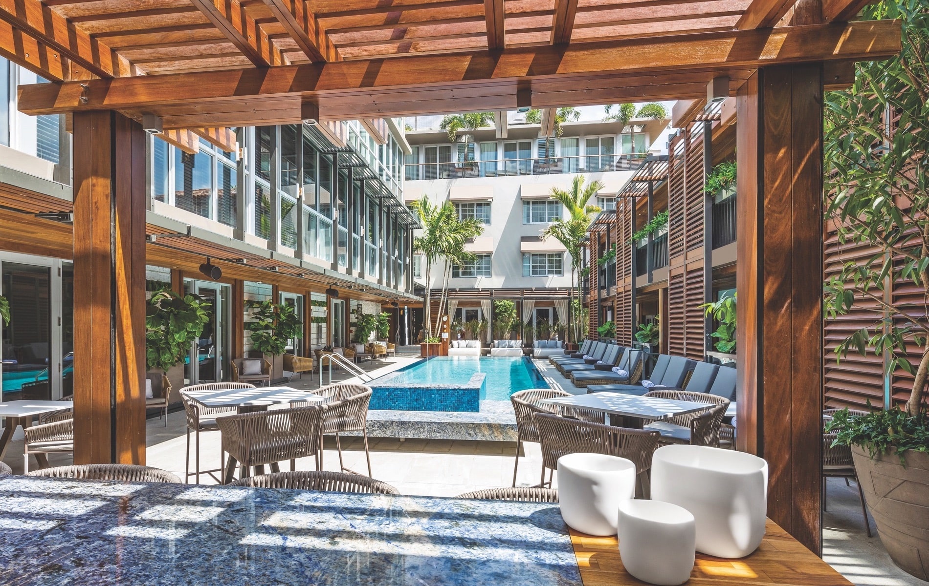 Lennox Hotel kept the Art Deco facade of their historic building intact but performed major renovations to create a sleek, inviting interior and beautiful courtyard pool area.