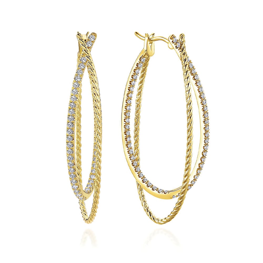 Emerald Lady Jewelry, Gabriel & Co. 14-Karat Yellow Gold Intricate Twisted Diamond Double Hoop Earrings