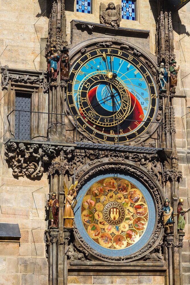 The Prague Astronomical Clock or Orloj in the old town of Prague. The medieval clock is mounted on the south wall of the Old Town Hall tower. Postcard of Prague. Prague, Czech republic