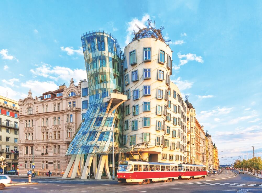 The Dancing House, designed by Frank Gehry and Vlado Milunić, was inspired by Fred Astaire and Ginger Rogers dancing together.