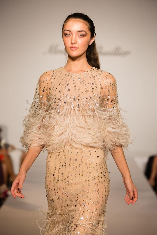 Model on the runway for Monique Lhuillier featuring the Spring/Summer 2017 Collection in Palm Beach, Florida at Neiman Marcus Palm Beach.