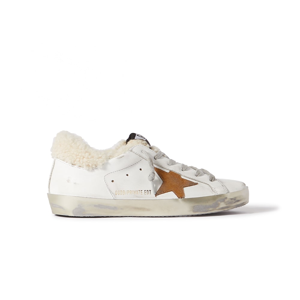 Golden Goose White Superstar Distressed Leather, Suede, and Shearling Sneakers