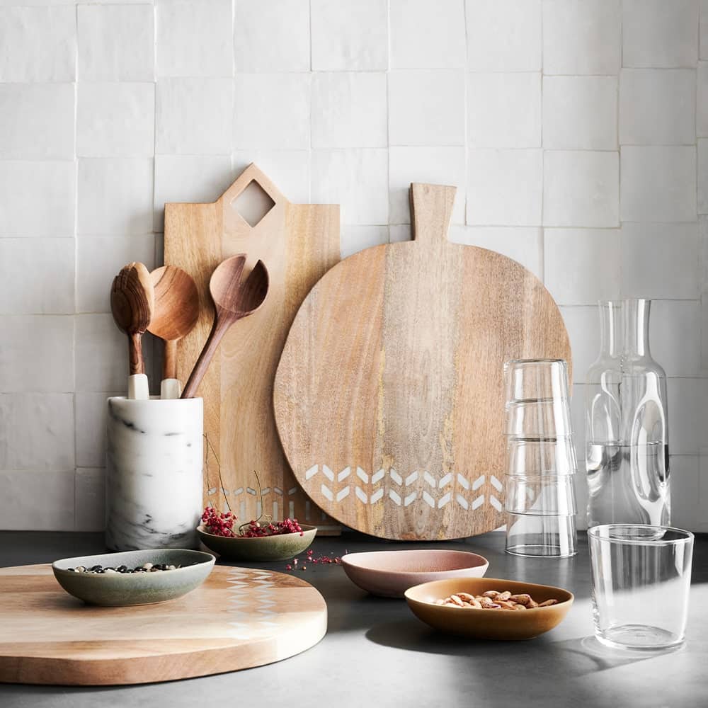 VIE Magazine C'est la VIE Curated Collection, Crate & Barrel Isadore Marble Inlay Wood Serving Boards