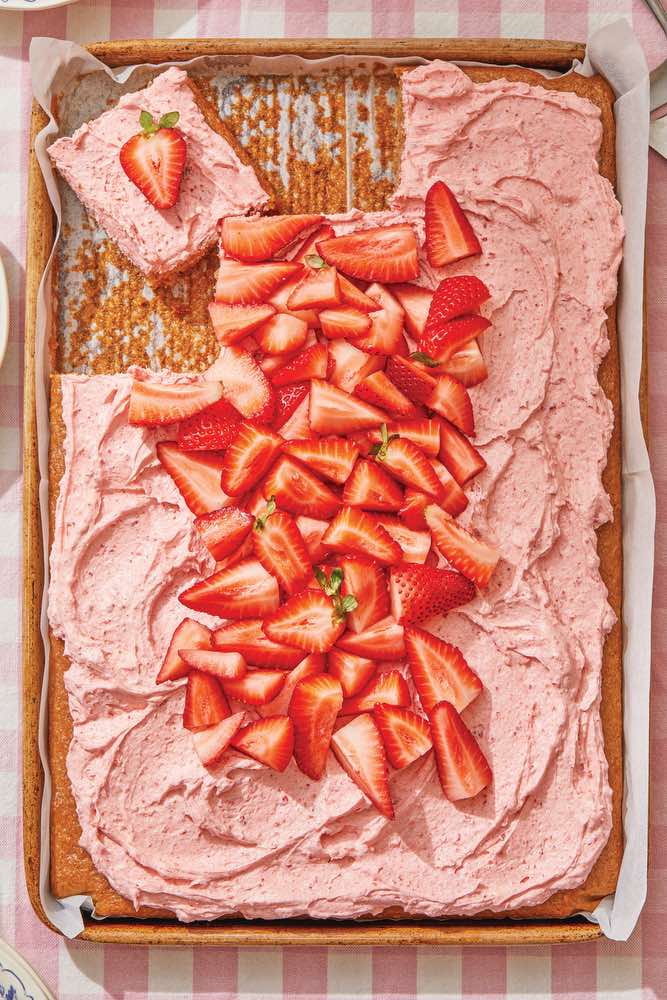 strawberry vegan sheet cake, phoebe lapine, photography by haley hunt davis