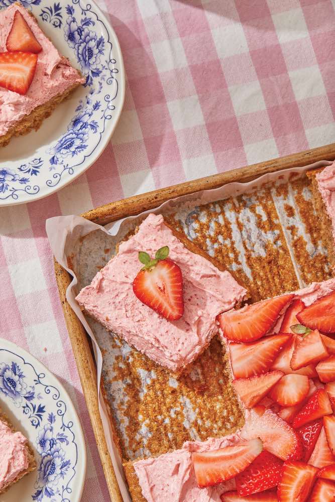 strawberry vegan sheet cake, phoebe lapine, photography by haley hunt davis