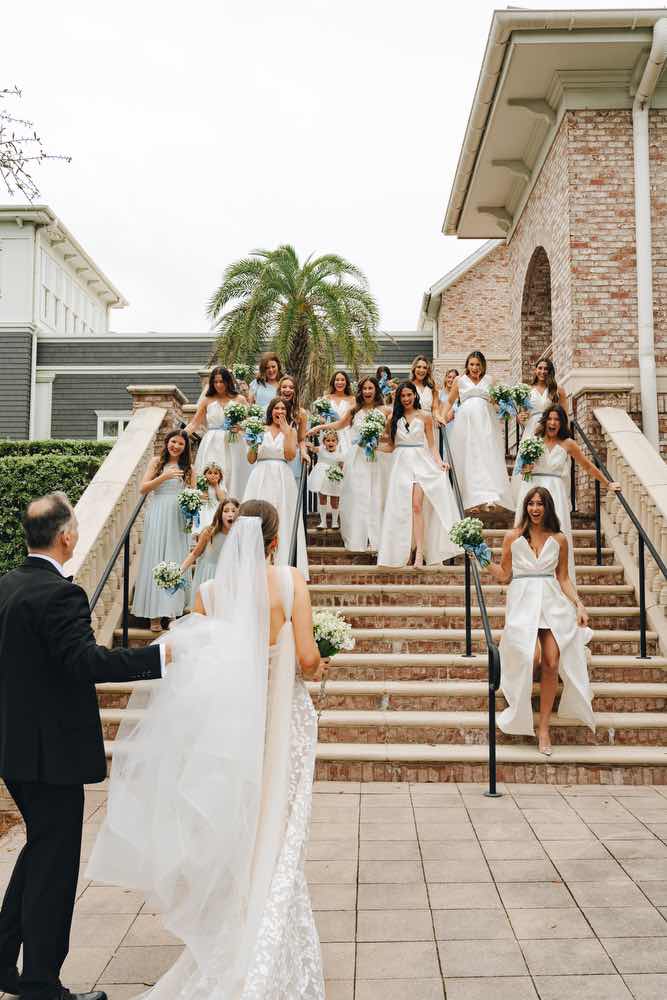 bride, bridesmaids, stairs